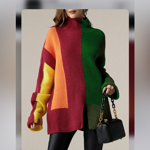 Color Block Turtleneck Urban Long Sleeve Sweater - Picture 5 of 13
